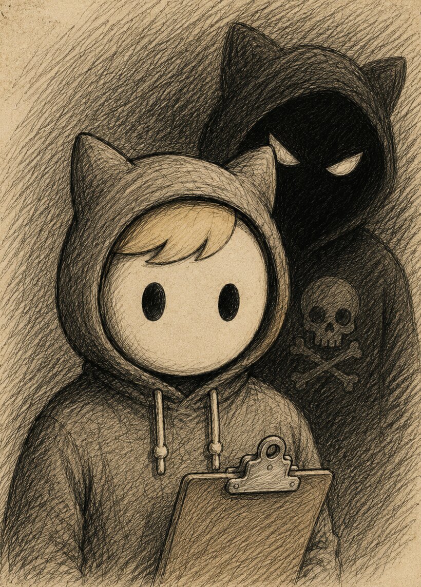 Lucky - the cat-hooded observer with a clipboard, Black Lucky looming behind